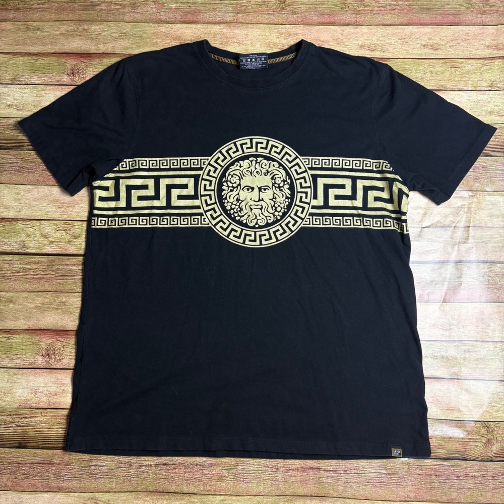 Level Ten Couture Men's Black T-Shirt Gold Greek God Graphic Tee